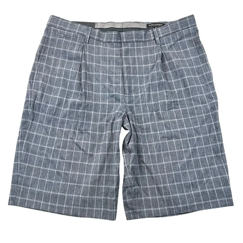 NWT Banana Republic Emerson 11” Plaid Linen Blend Shorts Gray Size 36